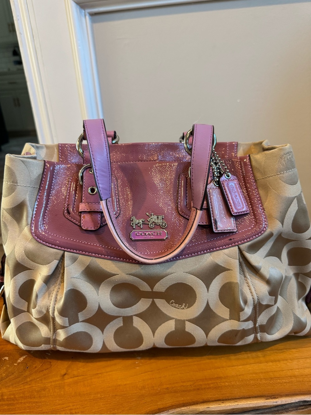 Coach Vintage Beige Signature Satchel with Pink Leather Trim